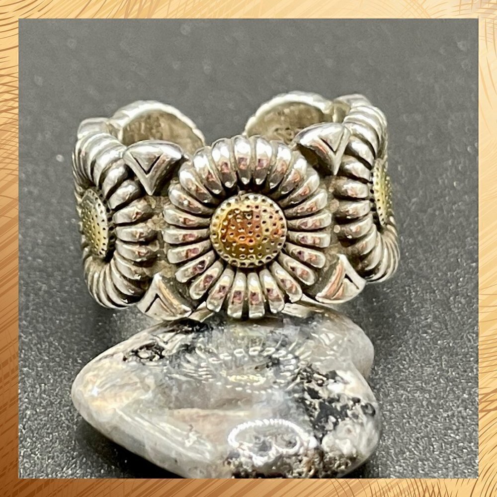 Sterling Silver 925 Adjustable Two Tone Flower Ring #1185